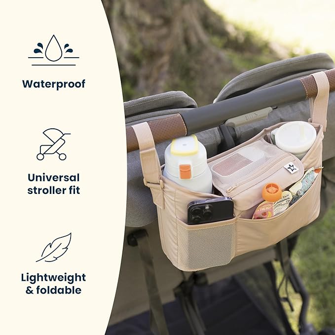 Tiny Twinkle Universal Stroller Organizer with Adjustable Strap - Waterproof Caddy Fits Baby Jogger, Nuna, Graco, Donna and Bugaboo Stroller | Sage Checkers