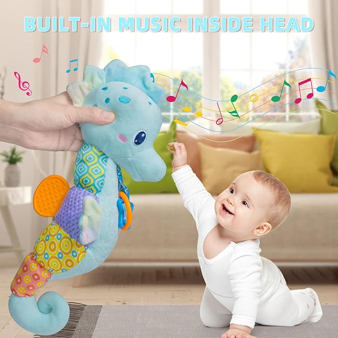 Baby Toys 0-6 Months,Infant Musical Seahorse Stuffed Animals Sensory Toys with Bright Colors,Multiple Textures,Rattles & Crinkle Sound Paper,Soft Tummy Time Toy for Newborn Boys Girls 0-12 Months-Blue