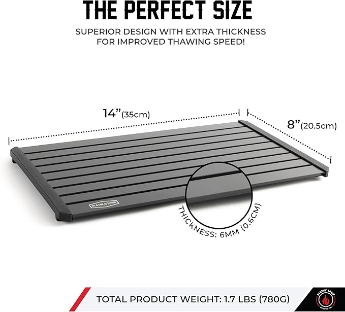 BLAZIN' THAW Defrosting Tray for Frozen Meat | 14” Large-Size | Aluminium Plate for Thawing Frozen Food | Natural Thawing Process | No Microwaves, No Cold/Warm Water Required |