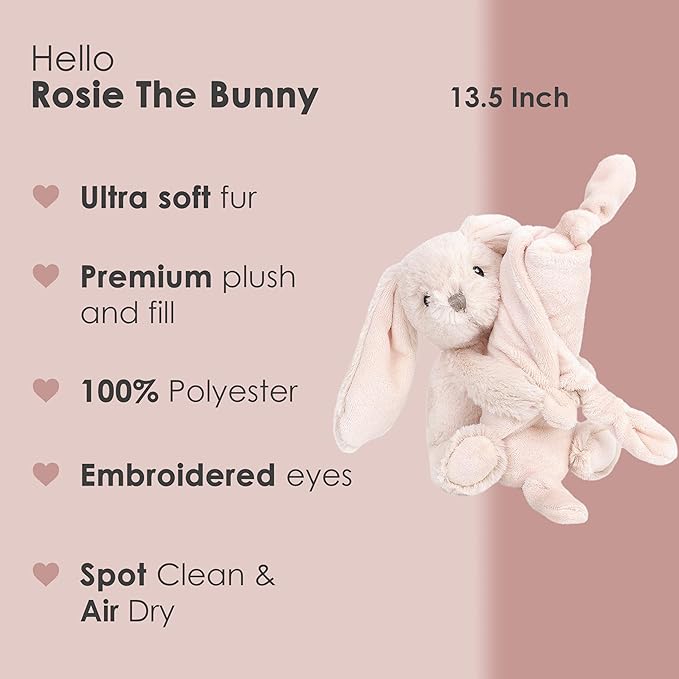 MON AMI Rosie The Bunny Plush Lovey for Babies – 13.5” | Knotted Security Blanket for Newborns