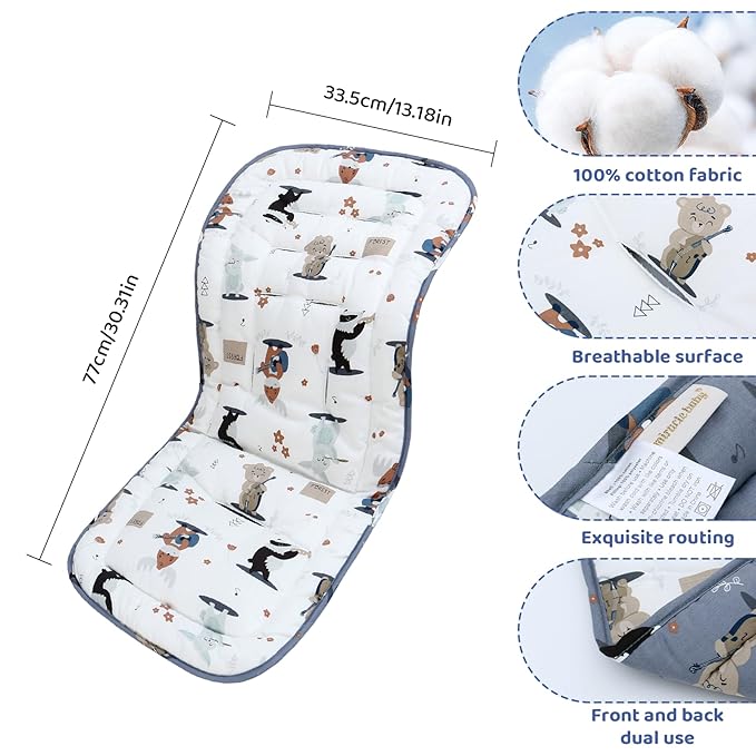 Baby Stroller Cushion,Infant Car Seat Insert-Reversible Universal Breathable and Soft Newborn Stroller Mat,100% Cotton Cover Toddler Seat Pad Liner-34x78cm,1 Pack(Music Animal White+Blue)