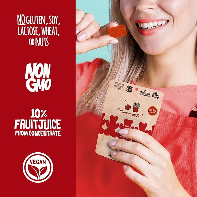 Buck Naked Bears - Cherry Kombucha Gummy Bears - Soft, Smooth, and Sweeter Like a Fruit Snack - Plant-Based Gummies Good Snack Choice - Non-GMO - Clean Label Gummy Candy, Vegan - 3.5oz 3-Pack