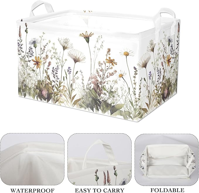 Wild Flowers Shelf Basket Floral Baby Shower Basket for Kids Girls Room Rectangle Clothes Toys Cube Storage Basket (Flowers)