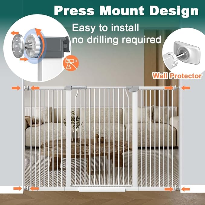 Fairy Baby 40.5" Extra Tall Baby Gate, 72.3"-76.7" Extra Wide Long Pet Gate, Metal Auto Close Safety Child Gate Indoor, Pressure Mounted Dog Gate No Climb Fence for Stairs Doorways Kid or Pet, White