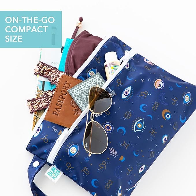 Bumkins Waterproof Wet Dry Clutch Bag for Baby, Travel, Swim Suit, Cloth Diapers, Pump Parts, Pool, Gym Clothes, Toiletry, Hook to Stroller, Pack for Daycare, Zip Bag, Packing Pouch, Evil Eye