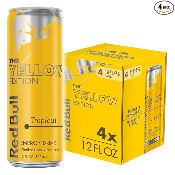 Red Bull Yellow Edition Energy Drink, Tropical, with 114mg Caffeine plus Taurine & B Vitamins, 12 Fl Oz, Pack of 4 Cans