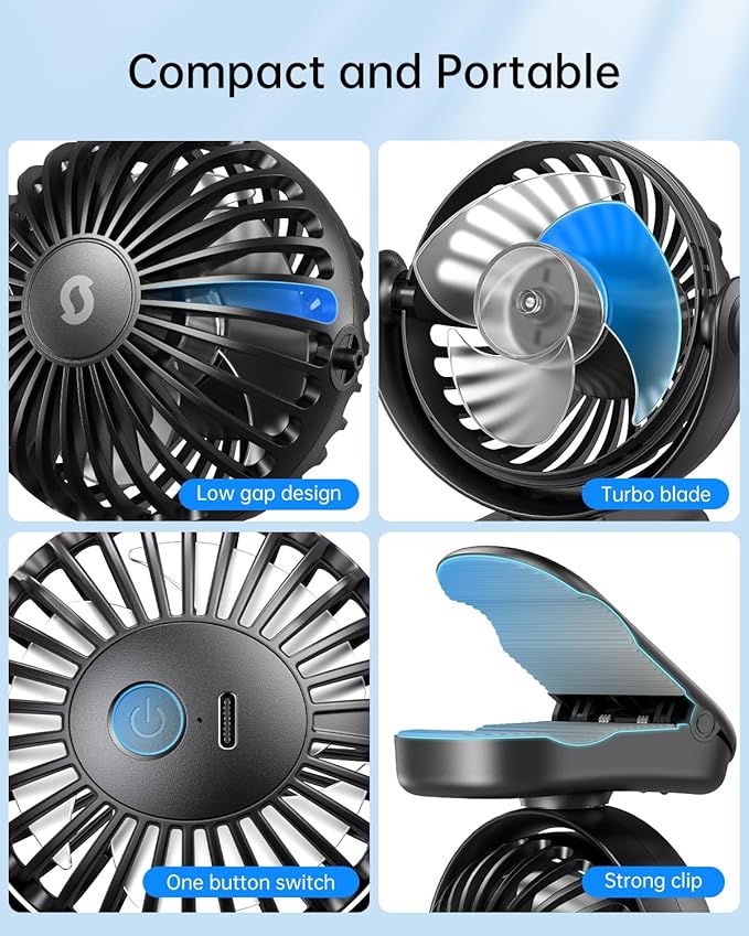 SWEETFULL Stroller Fan with Clip - Portable Mini Clip on Fan, 3 Speeds, 11Hrs Cooling, Cute Small Personal Desk Cooler for Baby Essentials, Bike Accessories, Car Seat, Umbrella, Carrier - Black