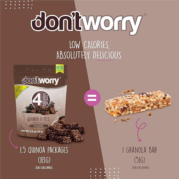 Don't Worry Chocolate Quinoa Bites - Low Calorie Snacks, Only 4 Calories per Piece!, Healthy Chocolate Granola Bars, Low Carb Quinoa Snacks, Gluten Free Protein Cookies - (Almond Pecan, 6 Pack)