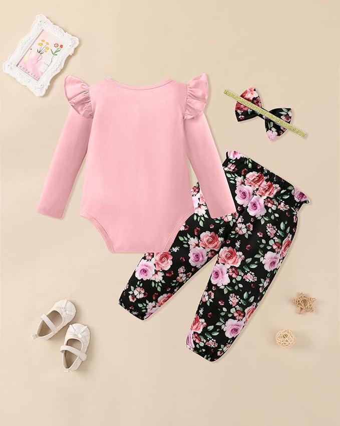 Baby Girl Clothes Newborn Infant Cotton Ruffle Romper+ Floral Pants + Headband Sets Fall Winter Outfits
