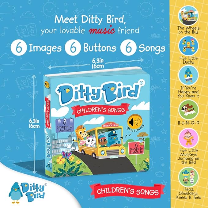 Ditty Bird Musical Books for Toddlers | Fun Children's Nursery Rhyme Book | The Wheels On The Bus Book with Sound | Interactive Toddler Books for 1 Year Old to 3 Year Olds | Sturdy Baby Sound Books