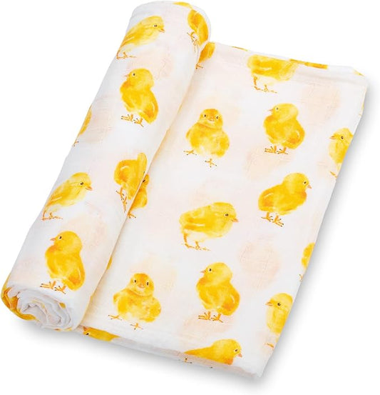 LollyBanks Swaddle Blanket for Boys and Girls, 100% Cotton Muslin Swaddle Blankets for Newborns, Large 47 x 47 Inches Soft and Breathable Receiving Blankets, Baby Essentials, Registry (Chick Print)