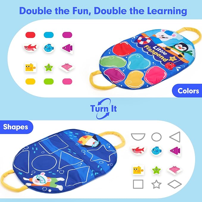 hahaland Montessori Toys for 1 Year Old - Fishing Game for Toddlers 1-3 with Shapes Colors Learning Mat, Dices, Fish, 2 Poles, Cards, 1 Year Old Educational Toys Stocking Stuffers Toddler Games Ages 2