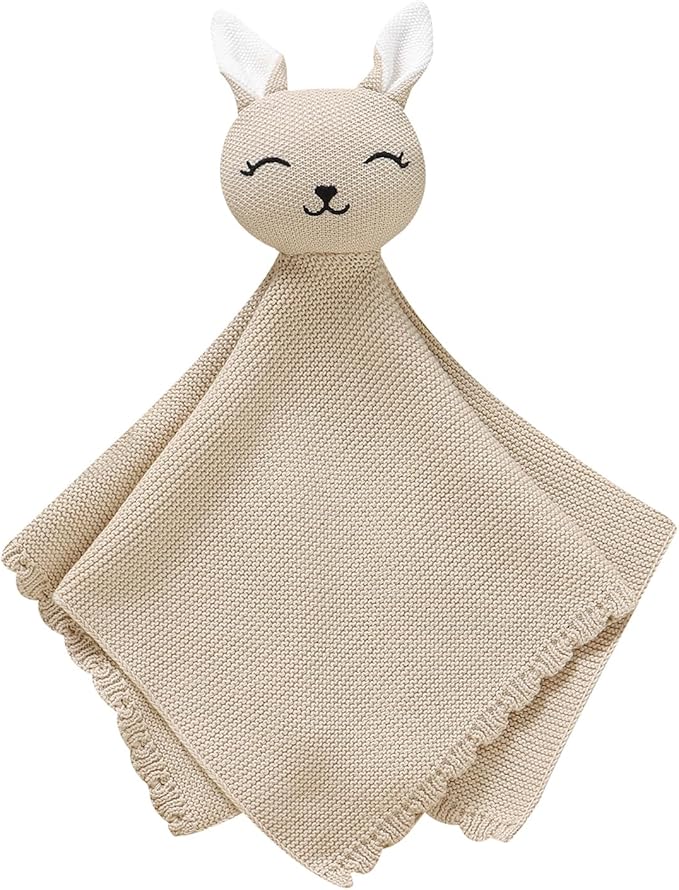 LAWKUL Bunny Lovey Baby Blanket Soft Cuddly Security Blanket Knit Snuggle Comfort for Newborns Toddler Boy Girl Camel 16x16in