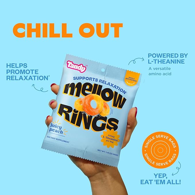 Tandy Mellow Rings L-Theanine Gummies I Relaxation Gummy with Juicy Peach Flavor I Calming Gummies for Adults I Gluten-Free Fast-Acting Dietary Supplement Gummy I 6-Pack