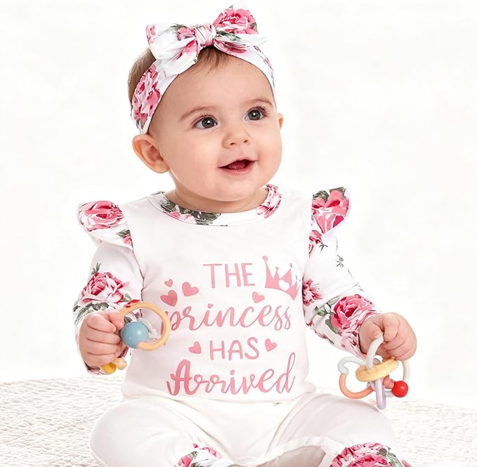 GRNSHTS Newborn Baby Girl Romper Infant Letter Print Jumpsuit Floral Bodysuit+Hat+Headband+Gloves Coming Home Clothes Outfits