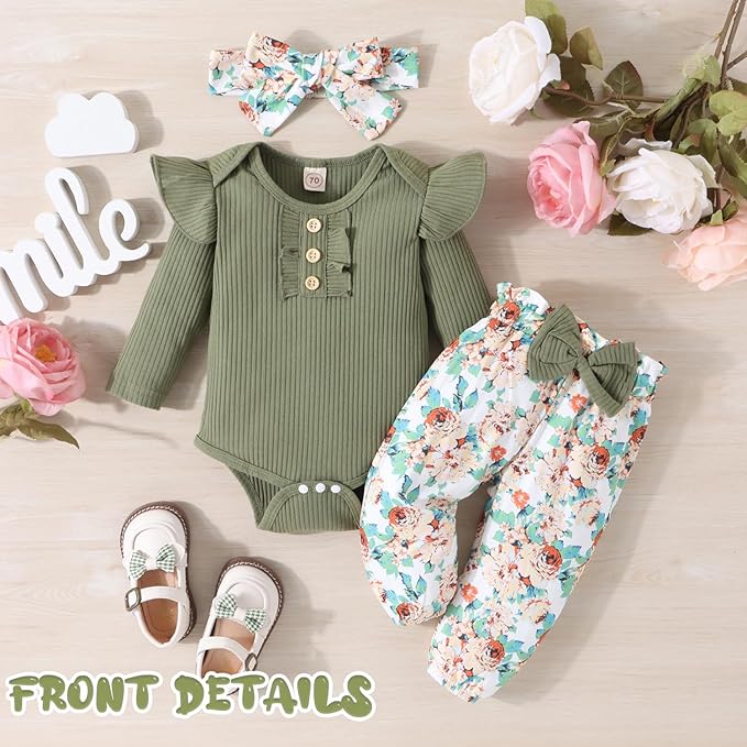 GDTOGRT Baby Girl Clothes Newborn Infant Outfits Ruffle Romper+ Floral Pants + Cute Headband Sets for Girls