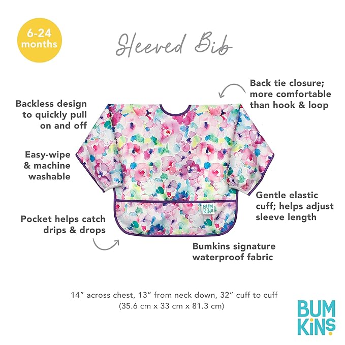 Bumkins Sleeved Bib for Girl or Boy, Baby and Toddler for 6-24 Mos, Essential Must Have for Eating, Feeding, Baby Led Weaning, Long Sleeve Mess Saving Food Catcher, Soft Fabric, Watercolors Floral