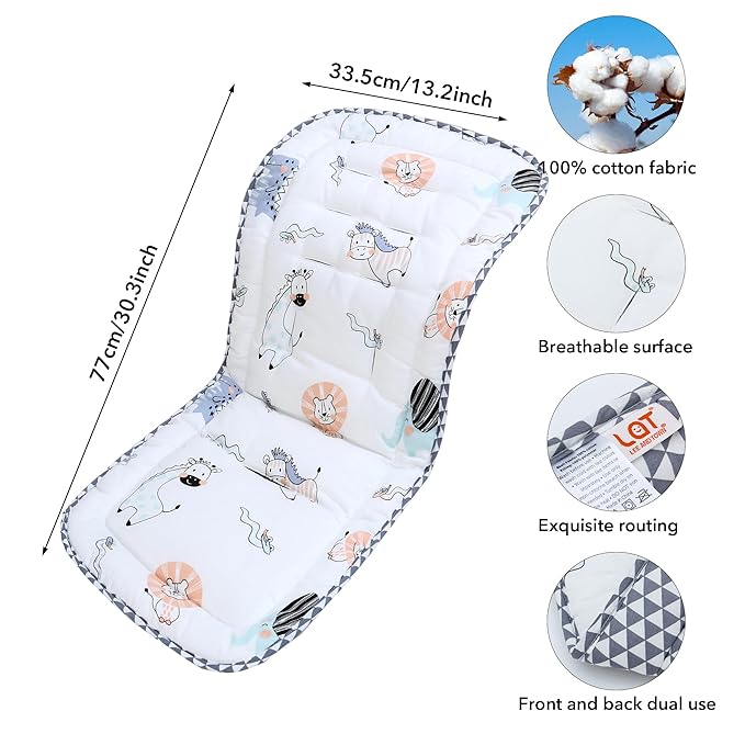 Baby Stroller Cushion,Infant Car Seat Insert-Reversible Universal Breathable and Soft Newborn Stroller Mat,100% Cotton Cover Toddler Seat Pad Liner-34x78cm,1 Pack(Lion Dinosaur)