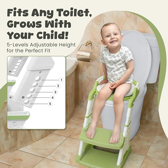 Potty Training Seat & Step Stool – Safe Triangular Frame, 5 Height Levels, Soft Cushion, Anti-Slip Design, Foldable 2-in-1 Toilet Trainer for Toddlers