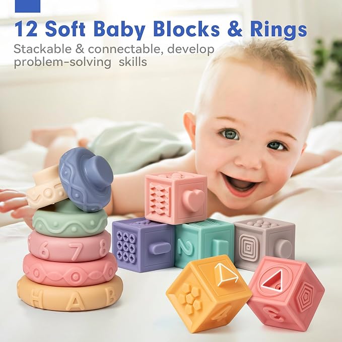 Baby Sensory Teething Toys Set, Montessori Baby Toys 6-12 Months, Incl Newborn Rattle Teether & Baby Blocks & Soft Stacking Rings, Ideal Babies Boy Girl Gifts, Infant Toys 0-3-6-9-12-18 Month