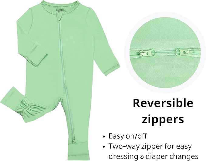 GUISBY Baby Pajamas with Mitten Cuffs - 3Pcs Girls Boys 2 Way Zipper Long Sleeve Rayon Sleepers
