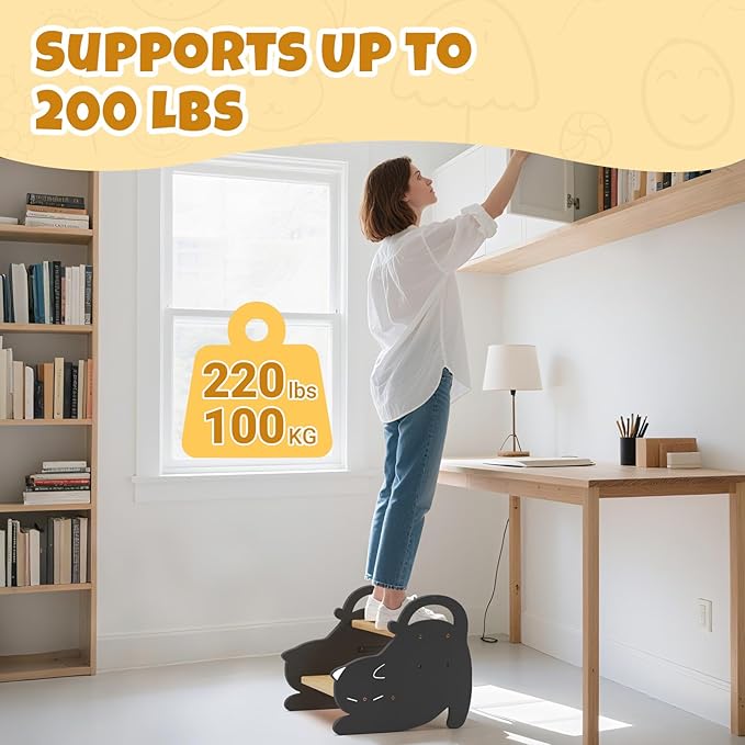 COSYLAND Wooden 2 Step Stools for Kids - Height Adjustable Toddler Stepping Stool with Non-Slip Surface - Portable Stool with Handles for Bathroom, Kitchen, Bedroom, 220 Lbs Capacity (Natural & Grey)