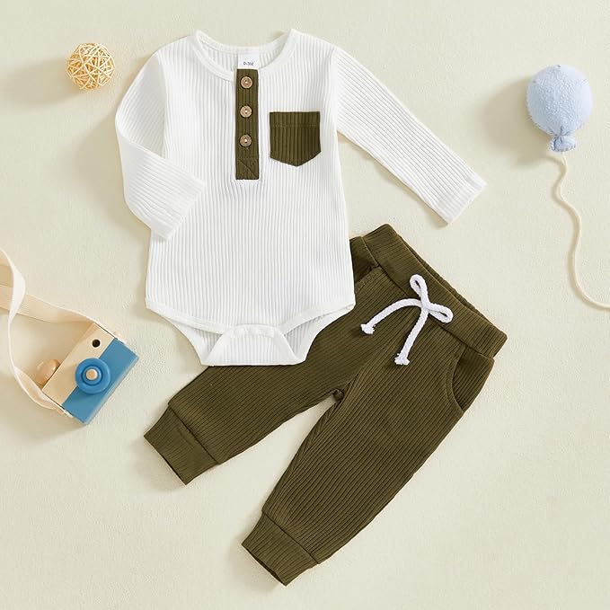 fhutpw Baby Boy Clothes 3 6 12 18 Months Ribbed Knitted Long Sleeve Romper and Pants Sets Newborn Fall Splicing Color Outfits