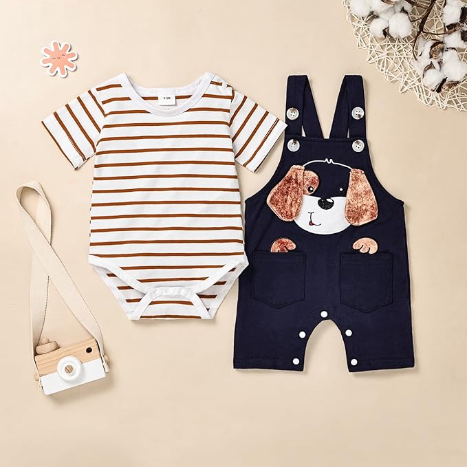 Baby Boy Clothes Newborn Outfits Stripe Romper Infant Cartoon Overall Adjustable Suspender Pants Set 0-18 Months