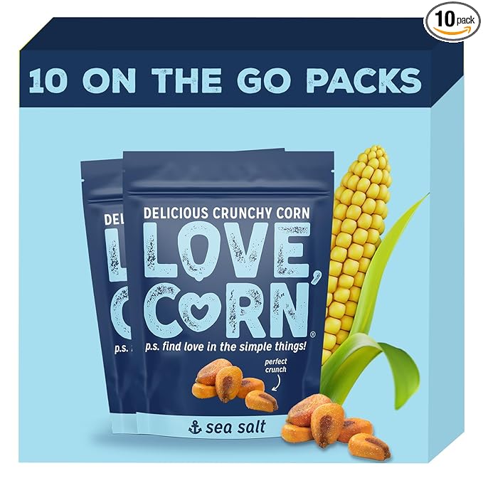 LOVE CORN Sea Salt 1.6oz x 10 Bags - Delicious Crunchy Corn - Healthy Family Snacks - Gluten Free, Kosher, NON-GMO - Alternative for Chips, Nuts, Crackers & Pretzels - Perfect for Charcuterie Boards