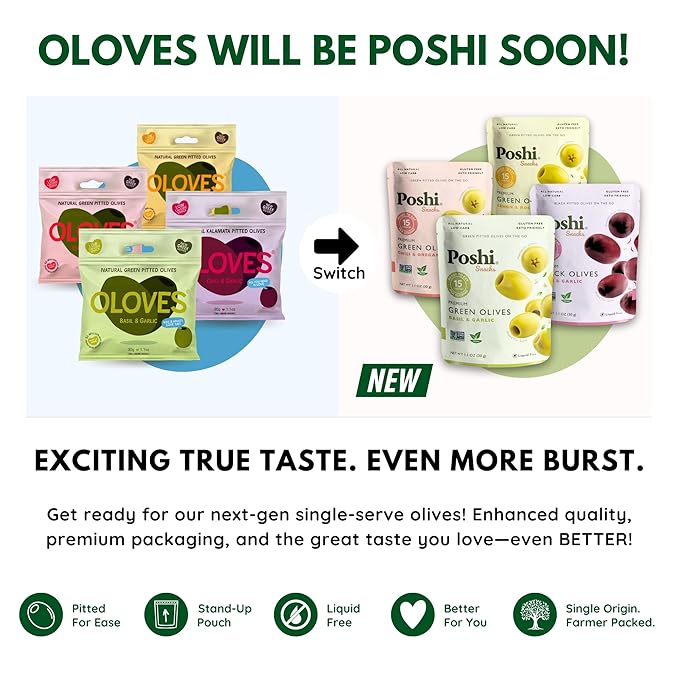 Poshi Olives + Veggies | Whole Pitted Olives 4 Flavor Variety | Poshi 4 Flavor Variety | Vegan, Kosher, Gluten Free + Keto Friendly Healthy Snacks (24 Pack)