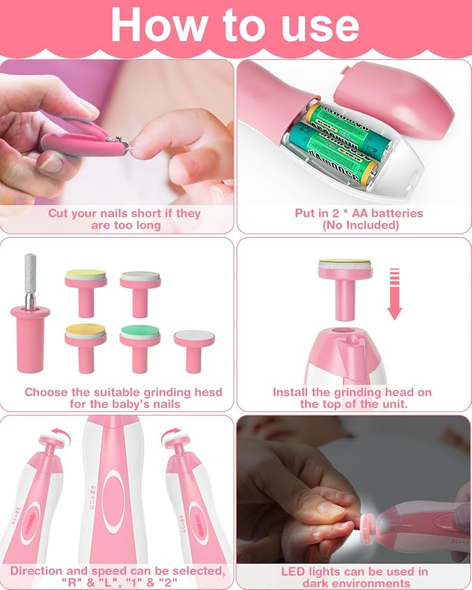 OTTOLIVES Baby Healthcare and Grooming Kit, 24 in 1 Baby Electric Nail Trimmer Set Newborn Nursery Health Care Set for Newborn Infant Toddlers Baby Boys Girls Kids Haircut Tools (0-3 Years+) (Pink)