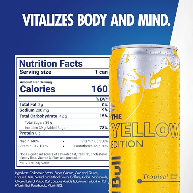 Red Bull Yellow Edition Energy Drink, Tropical, with 114mg Caffeine plus Taurine & B Vitamins, 12 Fl Oz, Pack of 4 Cans