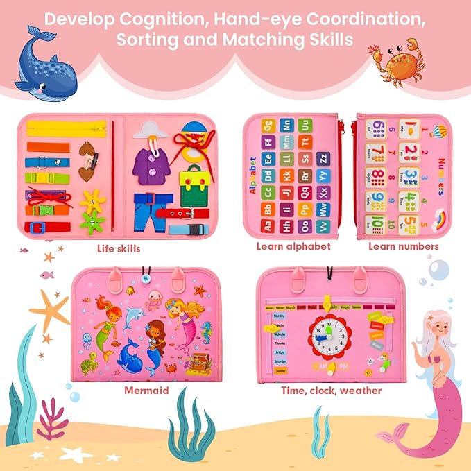 Preschool Learning Board for Toddlers 2-4, Montessori Busy Books for 1-4 Years, Sensory Busy Board for Travel Gift (Mermaid)