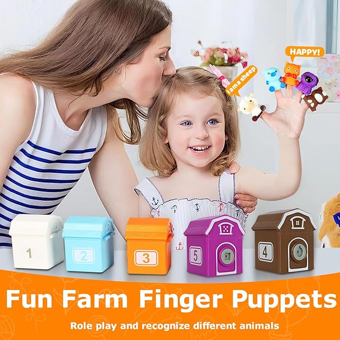 Farm Animal Learning Toys for 2 3 4+ Year Old Toddlers, Counting, Matching & Sorting Montessori Educational Sensory Toys, Playmat, Finger Puppets, Shape Keys and House, Easter Christmas Birthday Gift