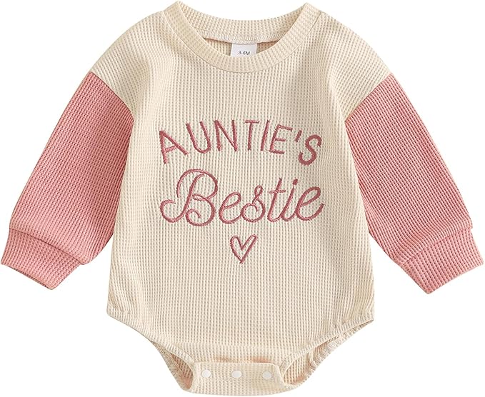 SAYOO Aunties Bestie Baby Girl Clothes Letter Embroidery Waffle Color Block Sweatshirt Bodysuit Fall Bubble Romper Pullover