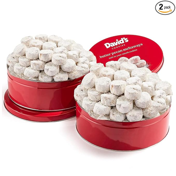 David's Cookies Gourmet Butter Pecan Meltaway Round Tin with Crunchy Pecans and Powdered Sugar, All-Natural Ingredients, Kosher, Ideal Present for Special Occasions, 64 Oz (2 Pack)