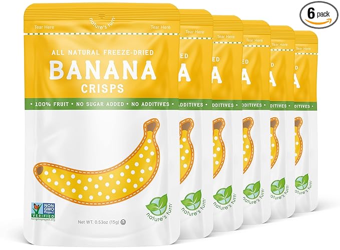 Nature’s Turn Freeze-Dried Banana Crisps – Healthy, Gluten-Free, Crispy & Delicious, Plant-Based Snack, Ideal for Cereal, Smoothies, School Lunches, & On-the-Go, Pack of 6 (0.53 oz Each)