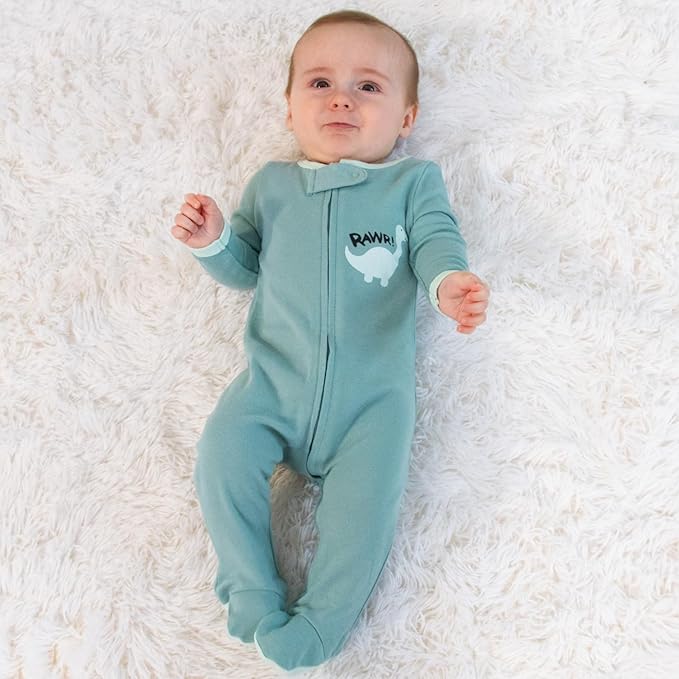 The Peanutshell Baby Sleepers for Boys Set of 3 - Soft Cotton Footed Pajamas for Newborns & Infants - Green Dino