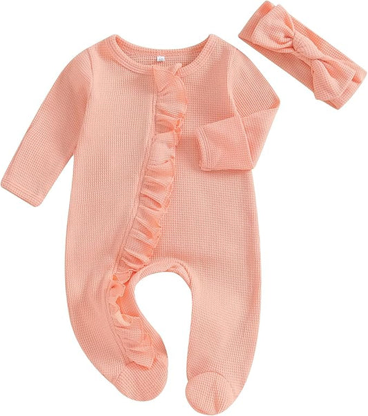 Fanvereka Newborn Infant Baby Girl Fall Outfit Romper 3 6 12 Months Girls Long Sleeve Full Length Zipper Footie Headband