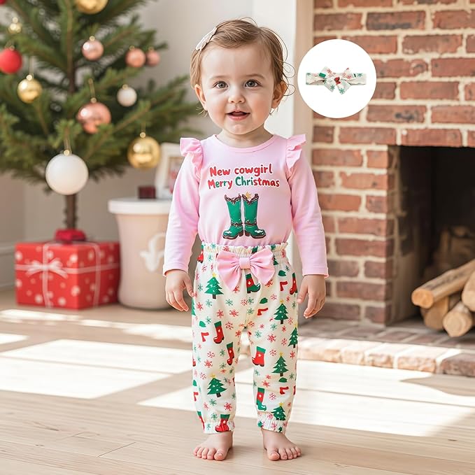 Fernvia Western Newborn Baby Girl Clothes Long Sleeve Letter Print Romper Animal Print Pants Headband 3Pcs Outfits Sets