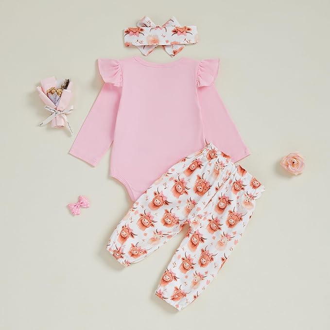 Fernvia Western Newborn Baby Girl Clothes Long Sleeve Letter Print Romper Animal Print Pants Headband 3Pcs Outfits Sets