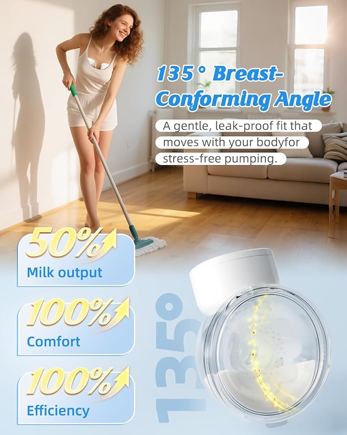 Hands Free Breast Pump Ultra-Light 230g, Wearable Breastfeeding Pump Portable for Travel and Work, Low Noise, Ergonomic 135° Flange, 9 Levels 4 Modes with 19/21mm Flange Inserts (White 2 Pack)