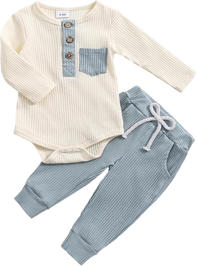 fhutpw Baby Boy Clothes 3 6 12 18 Months Ribbed Knitted Long Sleeve Romper and Pants Sets Newborn Fall Splicing Color Outfits