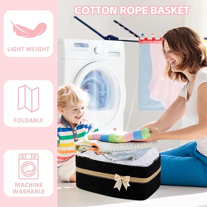 OIAHOMY Large Woven Storage Basket with Handles for Nursery Living Room Shelves, Bow Basket for Gifts Empty with Gift Bags and Ribbons for Baby Showers Pet Toy Bin - Black