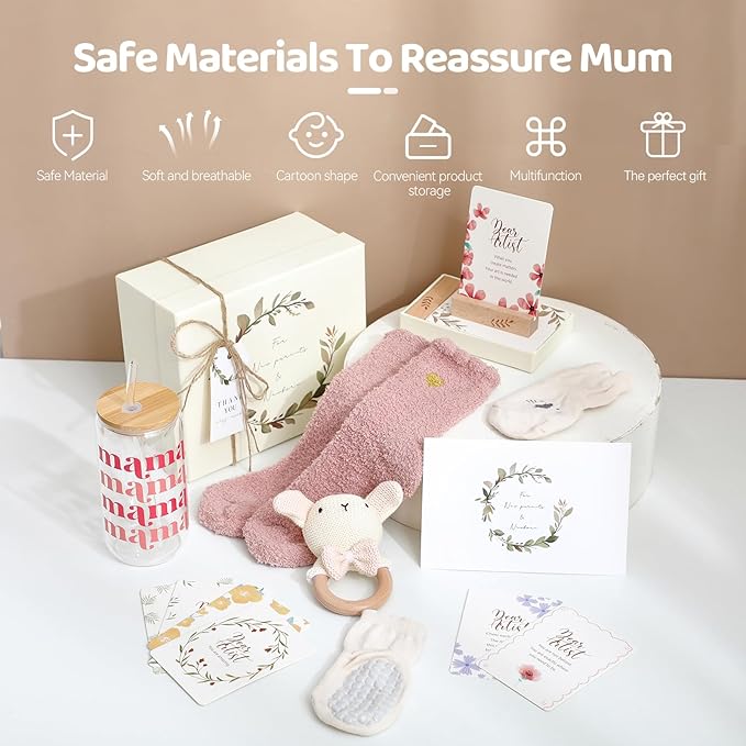 New Mom & Baby Gift Set | Pregnancy & Baby Shower Gifts for Her | Pink Mama Glass Tumbler & Bunny Rattle Care Package for Mom & Baby