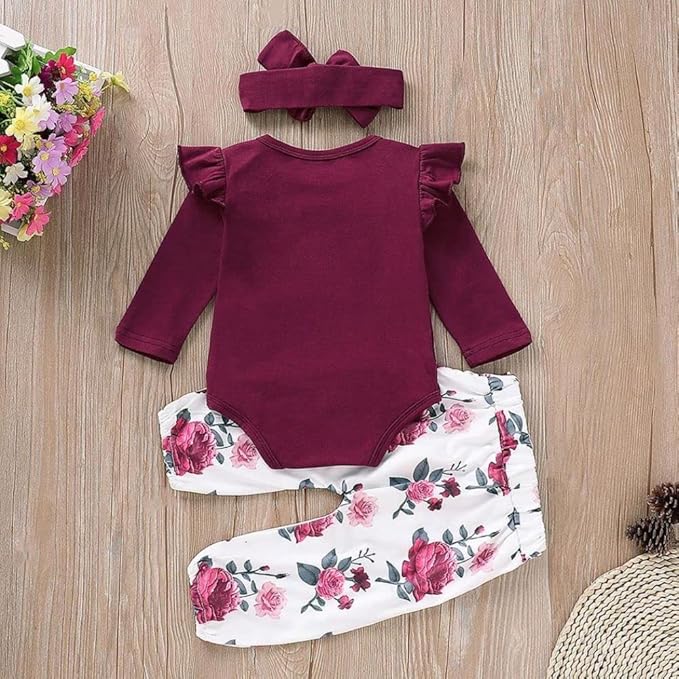 Newborn Baby Girl Clothes, Infant Girl Outfits Long Sleeve Ruffle Romper + Floral Pants + Headband Set