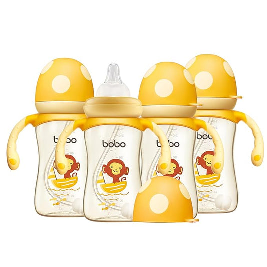 YOHKOH Natural PPSU Baby Bottle with Natural Response Nipple, Newborn Anti-Colic Baby Bottles with Handle, Wide Neck Mushroom Cap Baby Bottle (8.8oz (Pack of 4), Yellow)
