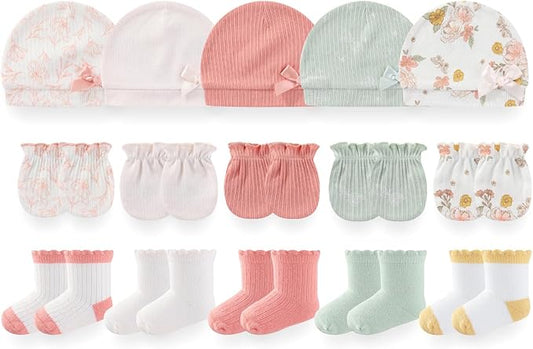 Baby Girls Boys Hats Mittens and Socks Set Cotton Infant Caps Newborn Soft Gloves 0-6 Months