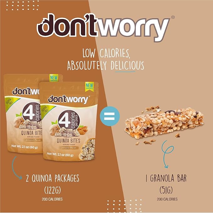 Don't Worry Chocolate Quinoa Crisps | Healthy Low Calorie Keto Snacks with Puffed Quinoa & Almond Pecan | Gluten Free & High Protein Crispy Bites | Only 4 Calories Each – 4 Pack