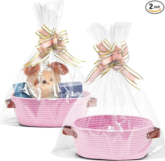 CHEPULA 2 Pack Woven Basket with Gift Bags and Ribbons, Gift Basket Empty for Organizer Baby Shower, Holiday Presents, Wedding, Storage Basket for Nursery (Pink)